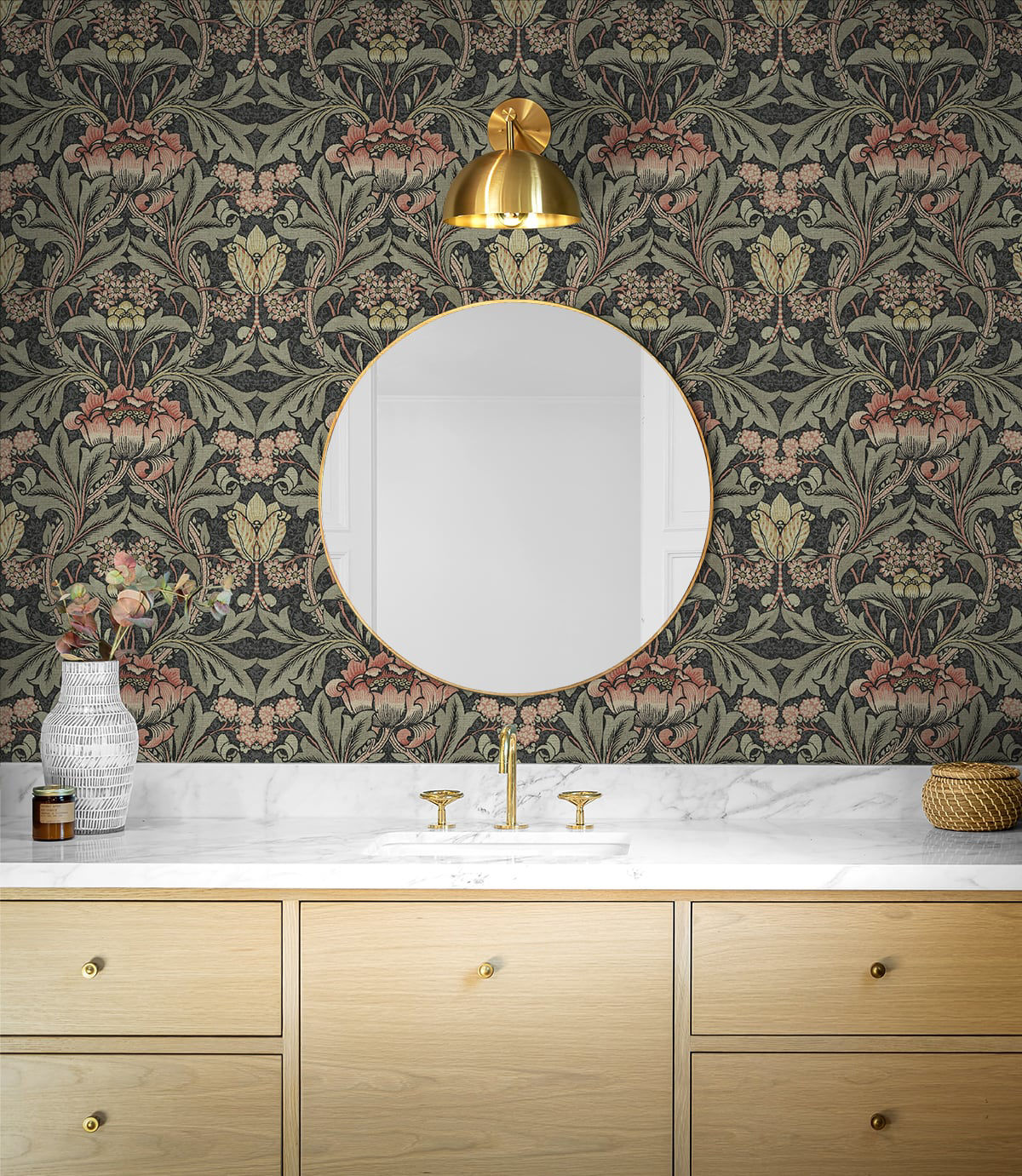 Acanthus Floral peel-and-stick wallpaper with a deep charcoal black background and rich rosewood botanical florals and leaves. The intricate vintage-inspired pattern creates a dramatic, elegant accent wall for bedrooms, powder rooms, dining rooms, living rooms, entryways and home offices. A sophisticated floral wallpaper for traditional, transitional, vintage and modern interiors.