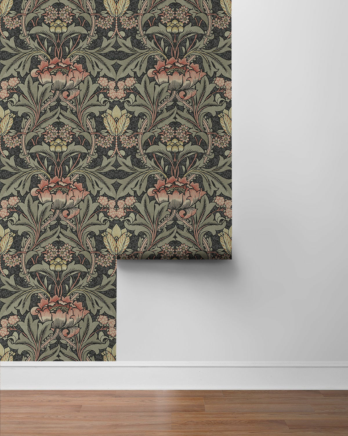 Acanthus Floral peel-and-stick wallpaper featuring a near-black charcoal background with elegant rosewood acanthus leaves and botanical florals. The bold, intricate pattern brings moody sophistication, vintage charm and timeless style to accent walls, bedrooms, powder rooms, dining areas, living rooms and home offices.