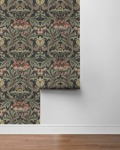 Acanthus Floral peel-and-stick wallpaper featuring a near-black charcoal background with elegant rosewood acanthus leaves and botanical florals. The bold, intricate pattern brings moody sophistication, vintage charm and timeless style to accent walls, bedrooms, powder rooms, dining areas, living rooms and home offices.