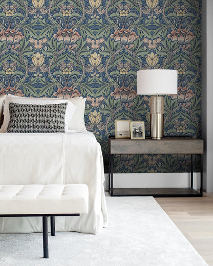Acanthus Floral Peel and Stick Wallpaper in Denim Blue and Salmon featuring elegant botanical floral patterns in soft blue and warm coral tones. Removable floral wallpaper for accent walls, bedrooms, bathrooms, nurseries, living rooms, apartments, cottagecore interiors, boho décor, farmhouse homes, and vintage-inspired spaces. Washable peel and stick wallcovering ideal for modern DIY home decorating and stylish interior design projects.