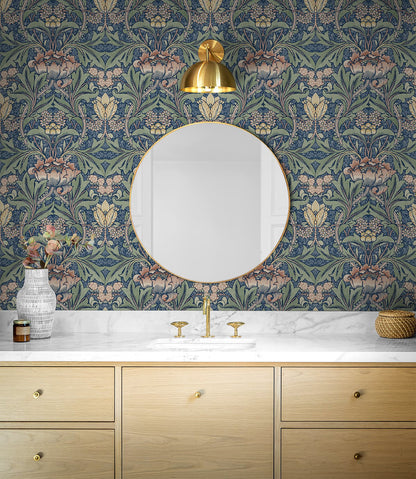 Acanthus Floral Peel and Stick Wallpaper in Denim Blue and Salmon featuring elegant botanical floral patterns in soft blue and warm coral tones. Removable floral wallpaper for accent walls, bedrooms, bathrooms, nurseries, living rooms, apartments, cottagecore interiors, boho décor, farmhouse homes, and vintage-inspired spaces. Washable peel and stick wallcovering ideal for modern DIY home decorating and stylish interior design projects.