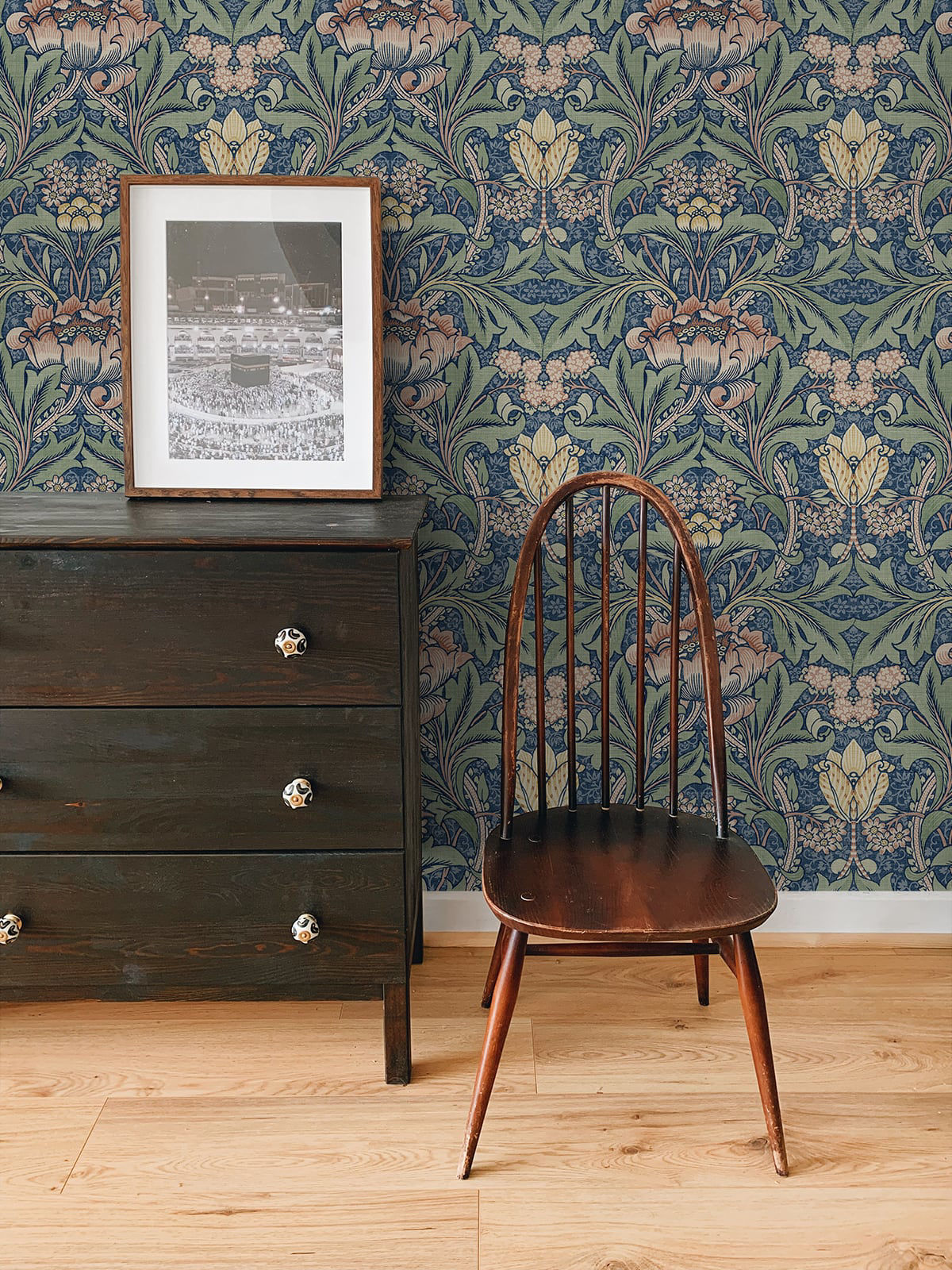Acanthus Floral Peel and Stick Wallpaper in Denim Blue and Salmon featuring elegant botanical floral patterns in soft blue and warm coral tones. Removable floral wallpaper for accent walls, bedrooms, bathrooms, nurseries, living rooms, apartments, cottagecore interiors, boho décor, farmhouse homes, and vintage-inspired spaces. Washable peel and stick wallcovering ideal for modern DIY home decorating and stylish interior design projects.