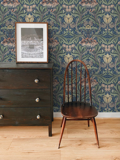Acanthus Floral Peel and Stick Wallpaper in Denim Blue and Salmon featuring elegant botanical floral patterns in soft blue and warm coral tones. Removable floral wallpaper for accent walls, bedrooms, bathrooms, nurseries, living rooms, apartments, cottagecore interiors, boho décor, farmhouse homes, and vintage-inspired spaces. Washable peel and stick wallcovering ideal for modern DIY home decorating and stylish interior design projects.