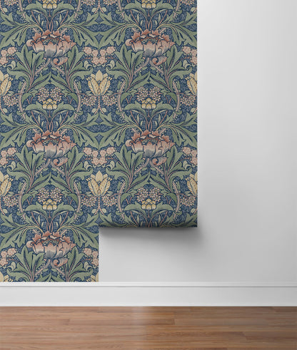 Acanthus Floral Peel and Stick Wallpaper in Denim Blue and Salmon featuring elegant botanical floral patterns in soft blue and warm coral tones. Removable floral wallpaper for accent walls, bedrooms, bathrooms, nurseries, living rooms, apartments, cottagecore interiors, boho décor, farmhouse homes, and vintage-inspired spaces. Washable peel and stick wallcovering ideal for modern DIY home decorating and stylish interior design projects.