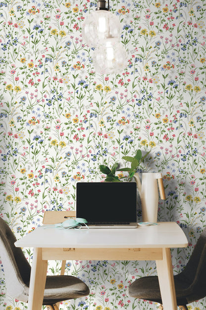 Wildflowers Peel and Stick Wallpaper in Multicolored featuring vibrant floral blooms and botanical patterns in soft colorful tones. Removable botanical wallpaper ideal for offices. Washable peel and stick wallcovering with colorful wildflower design for modern and vintage-inspired interiors.