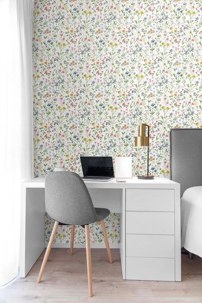 Wildflowers Peel and Stick Wallpaper in Multicolored featuring vibrant floral blooms and botanical patterns in soft colorful tones. Removable botanical wallpaper ideal for accent walls, bedrooms, nurseries, living rooms, apartments, offices, cottagecore interiors, boho décor, farmhouse homes, and DIY home decorating projects. Washable peel and stick wallcovering with colorful wildflower design for modern and vintage-inspired interiors.