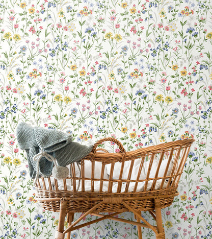 Wildflowers Peel and Stick Wallpaper in Multicolored featuring vibrant floral blooms and botanical patterns in soft colorful tones. Removable botanical wallpaper ideal for nurseries. Washable peel and stick wallcovering with colorful wildflower design for modern and vintage-inspired interiors.