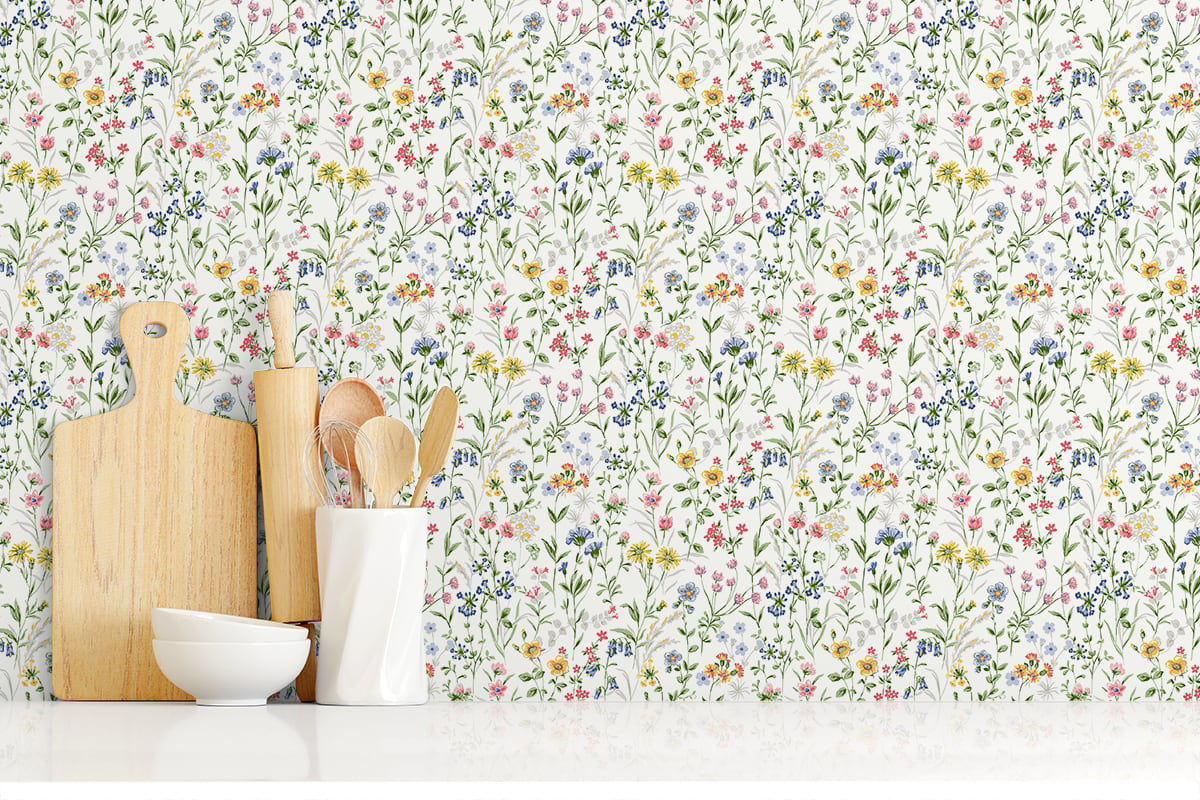 Wildflowers Peel and Stick Wallpaper in Multicolored featuring vibrant floral blooms and botanical patterns in soft colorful tones. Removable botanical wallpaper ideal for accent walls, bedrooms, nurseries, living rooms, apartments, offices, cottagecore interiors, boho décor, farmhouse homes, and DIY home decorating projects. Washable peel and stick wallcovering with colorful wildflower design for modern and vintage-inspired interiors.
