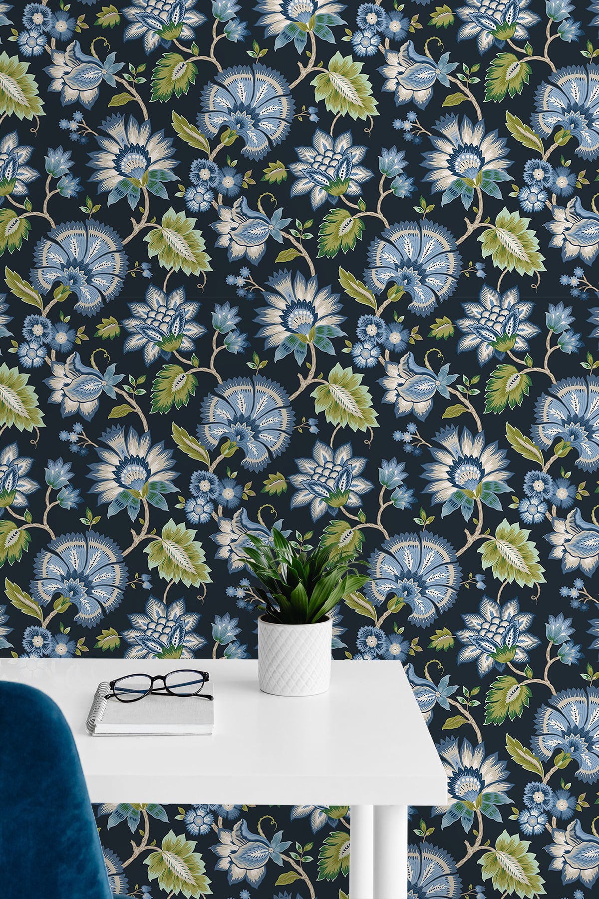 Jacobean Blossom Floral Peel and Stick Wallpaper in Midnight Blue featuring intricate bohemian floral patterns in rich blue tones. Removable peel and stick wallpaper ideal for accent walls, bedrooms, living rooms, dining spaces, and DIY home décor projects with elegant, timeless botanical design.