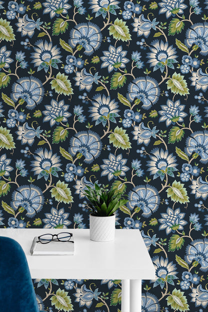 Jacobean Blossom Floral Peel and Stick Wallpaper in Midnight Blue featuring intricate bohemian floral patterns in rich blue tones. Removable peel and stick wallpaper ideal for accent walls, bedrooms, living rooms, dining spaces, and DIY home décor projects with elegant, timeless botanical design.