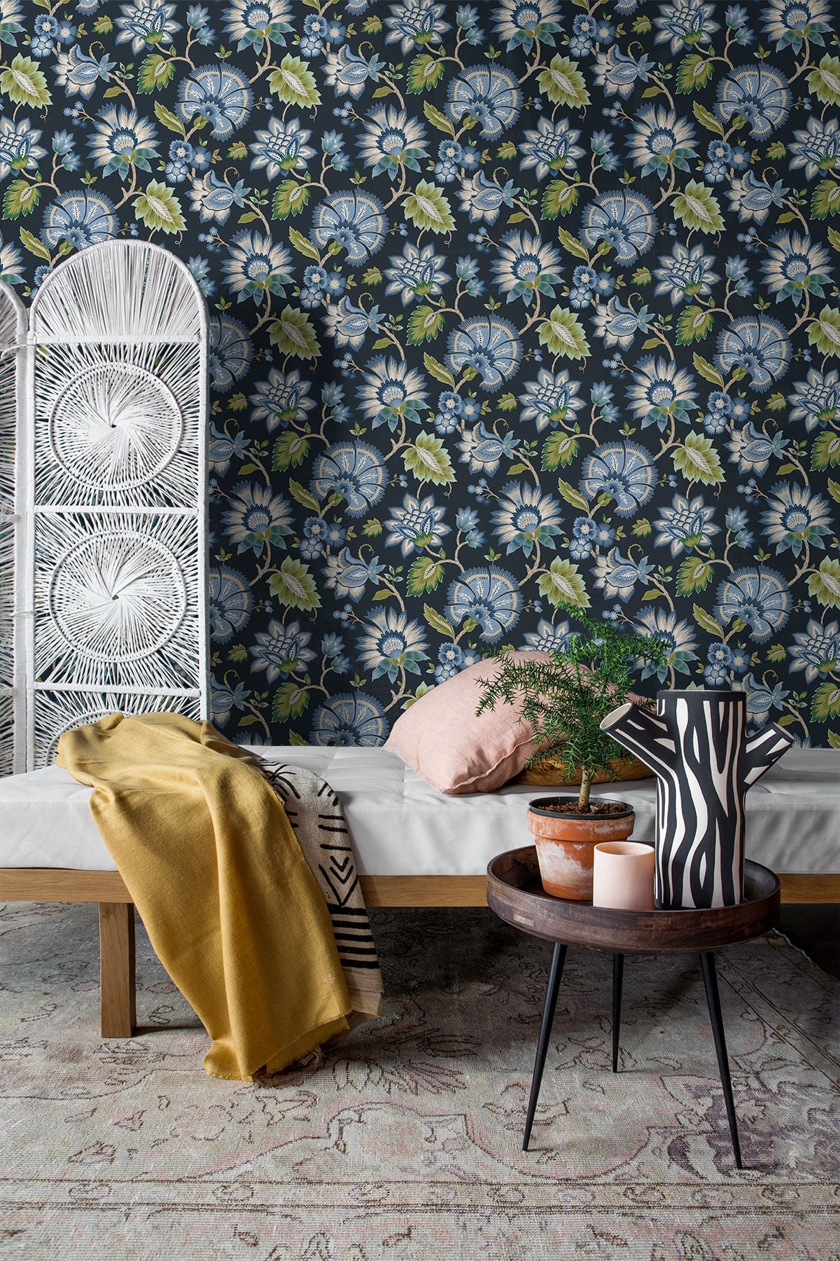 Jacobean Blossom Floral Peel and Stick Wallpaper in Midnight Blue featuring intricate bohemian floral patterns in rich blue tones. Removable peel and stick wallpaper ideal for accent walls, bedrooms, living rooms, dining spaces, and DIY home décor projects with elegant, timeless botanical design.