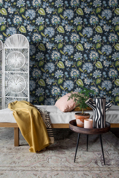 Jacobean Blossom Floral Peel and Stick Wallpaper in Midnight Blue featuring intricate bohemian floral patterns in rich blue tones. Removable peel and stick wallpaper ideal for accent walls, bedrooms, living rooms, dining spaces, and DIY home décor projects with elegant, timeless botanical design.