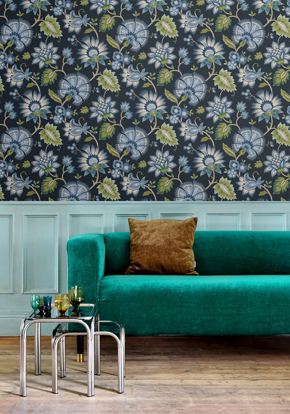 Jacobean Blossom Floral Peel and Stick Wallpaper in Midnight Blue featuring intricate bohemian floral patterns in rich blue tones. Removable peel and stick wallpaper ideal for accent walls, bedrooms, living rooms, dining spaces, and DIY home décor projects with elegant, timeless botanical design.