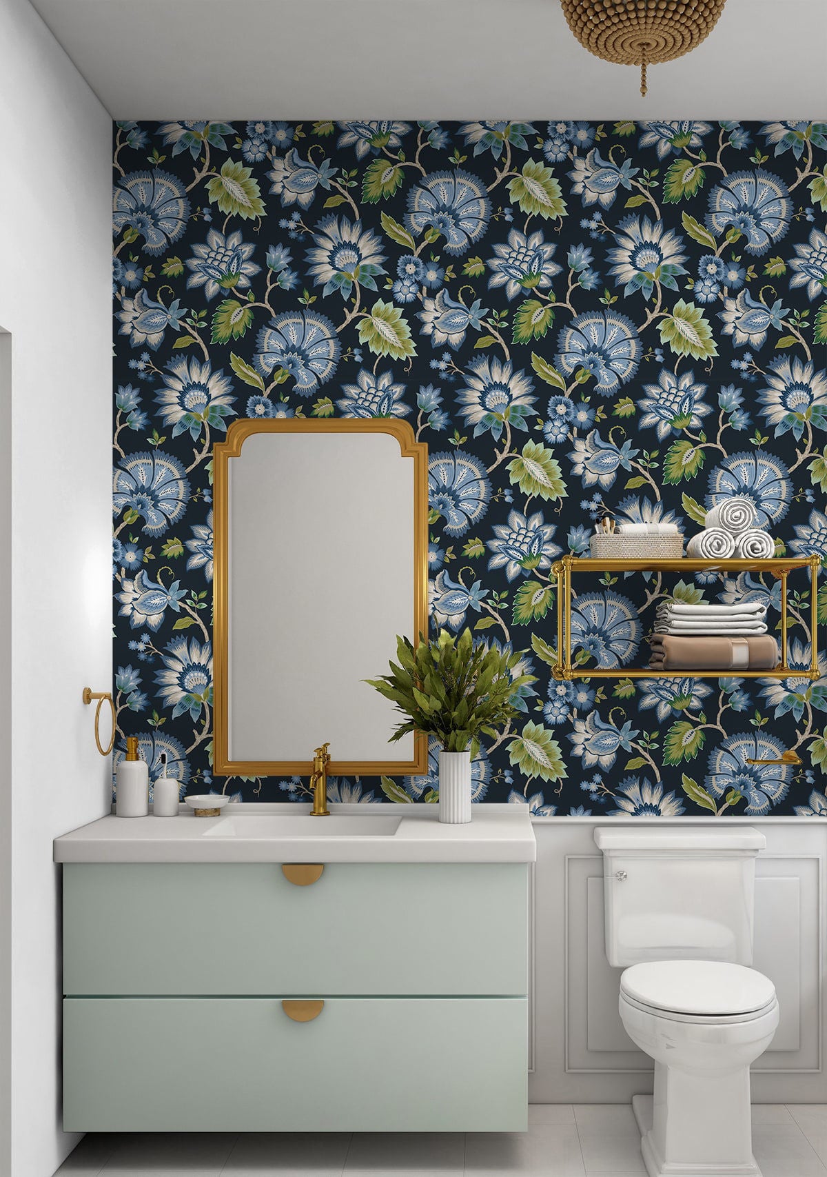 Jacobean Blossom Floral Peel and Stick Wallpaper in Midnight Blue featuring intricate bohemian floral patterns in rich blue tones. Removable peel and stick wallpaper ideal for accent walls, bedrooms, living rooms, dining spaces, and DIY home décor projects with elegant, timeless botanical design.
