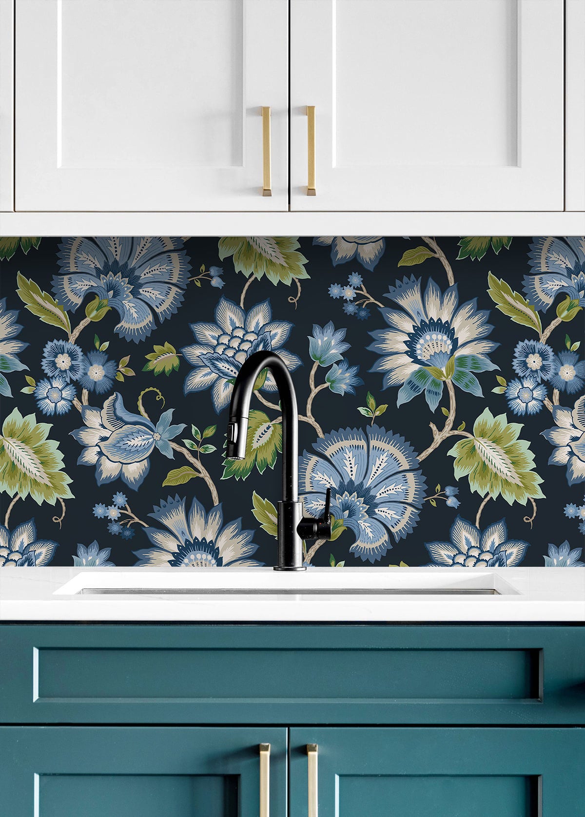 Jacobean Blossom Floral Peel and Stick Wallpaper in Midnight Blue featuring intricate bohemian floral patterns in rich blue tones. Removable peel and stick wallpaper ideal for accent walls, bedrooms, living rooms, dining spaces, and DIY home décor projects with elegant, timeless botanical design.