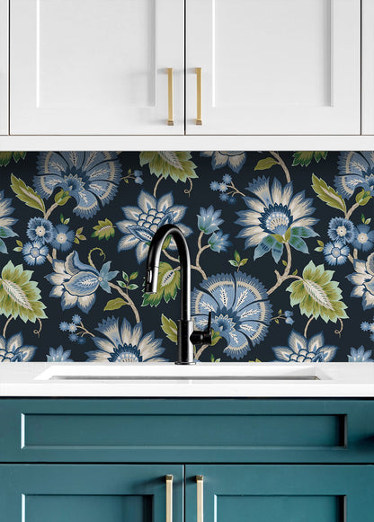 Jacobean Blossom Floral Peel and Stick Wallpaper in Midnight Blue featuring intricate bohemian floral patterns in rich blue tones. Removable peel and stick wallpaper ideal for accent walls, bedrooms, living rooms, dining spaces, and DIY home décor projects with elegant, timeless botanical design.