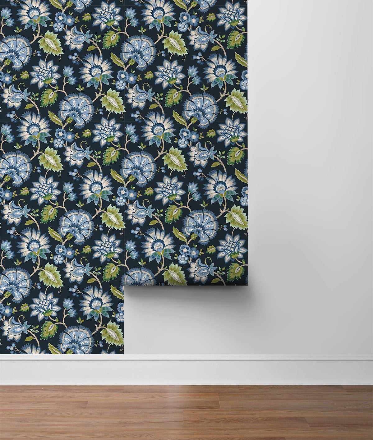 Jacobean Blossom Floral Peel and Stick Wallpaper in Midnight Blue featuring intricate bohemian floral patterns in rich blue tones. Removable peel and stick wallpaper ideal for accent walls, bedrooms, living rooms, dining spaces, and DIY home décor projects with elegant, timeless botanical design.