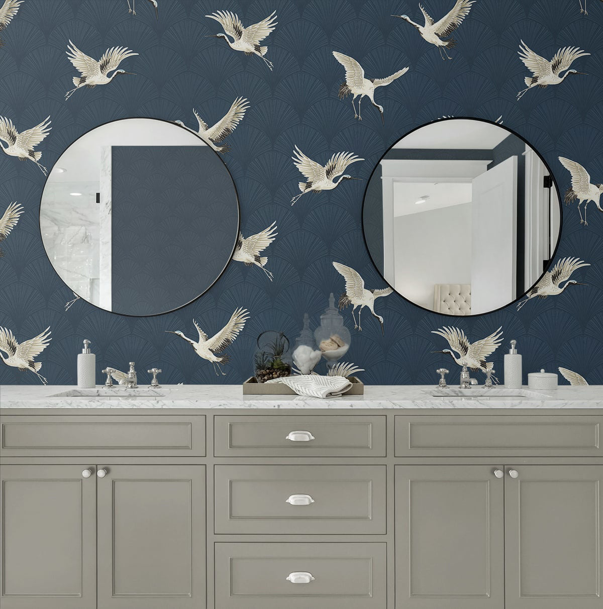 NextWall peel and stick cranes wallpaper NW42802 showing elegant crane bird pattern for removable accent wall decor.