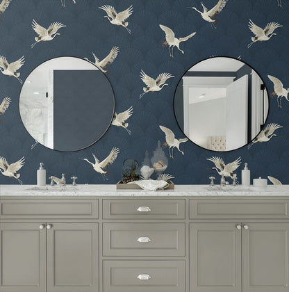 NextWall peel and stick cranes wallpaper NW42802 showing elegant crane bird pattern for removable accent wall decor.