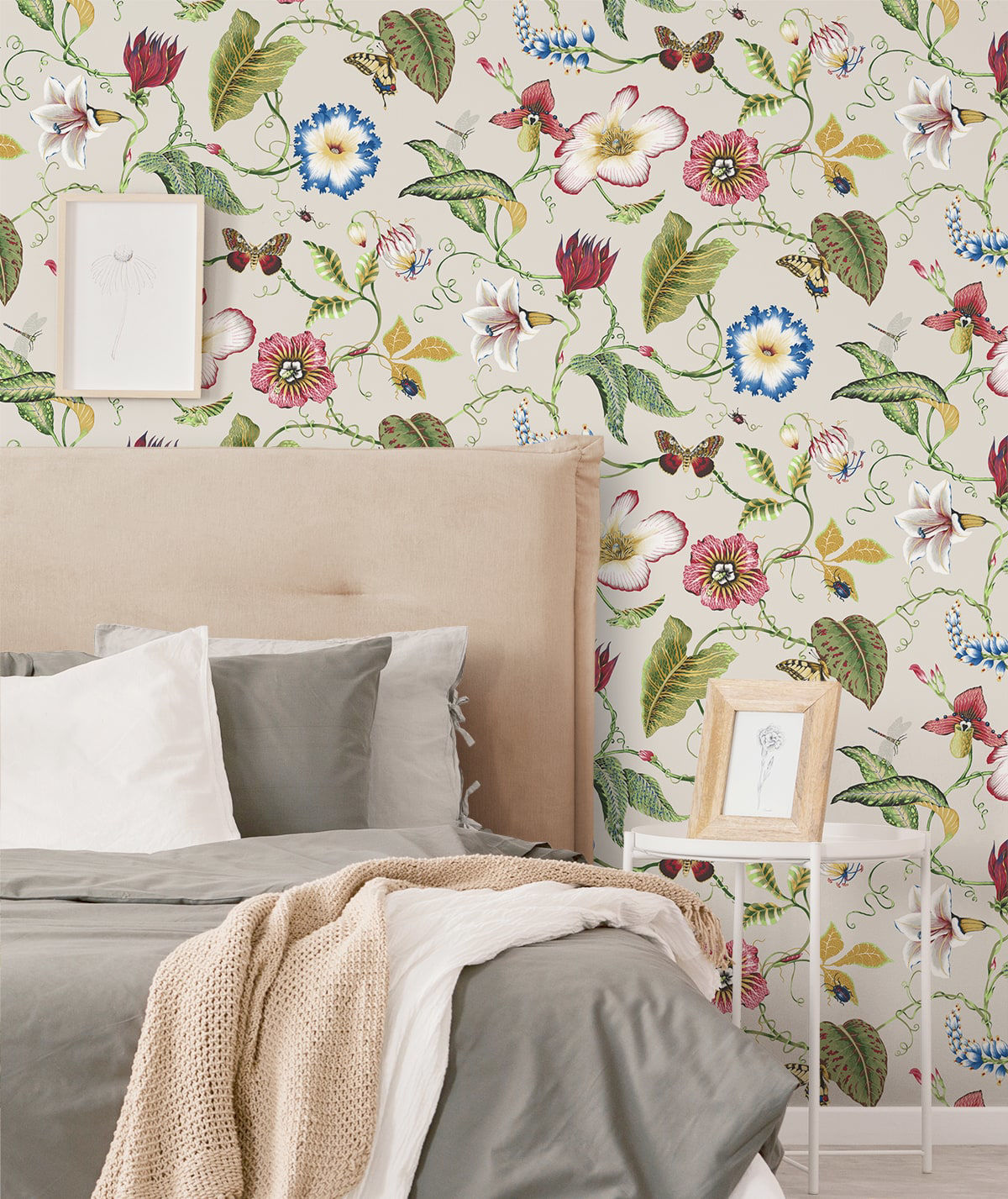 Summer Garden Floral Peel and Stick Wallpaper featuring a vibrant botanical pattern with raspberry and chartreuse tones. Lush floral and tropical-inspired design printed on removable peel and stick material, ideal for easy installation on accent walls, bedrooms, nurseries, living rooms, and DIY home décor projects.