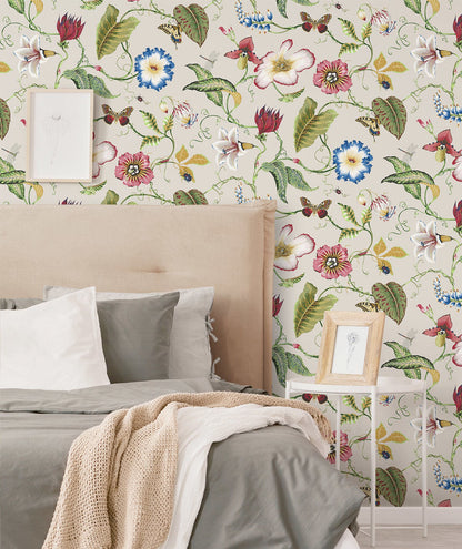 Summer Garden Floral Peel and Stick Wallpaper featuring a vibrant botanical pattern with raspberry and chartreuse tones. Lush floral and tropical-inspired design printed on removable peel and stick material, ideal for easy installation on accent walls, bedrooms, nurseries, living rooms, and DIY home décor projects.
