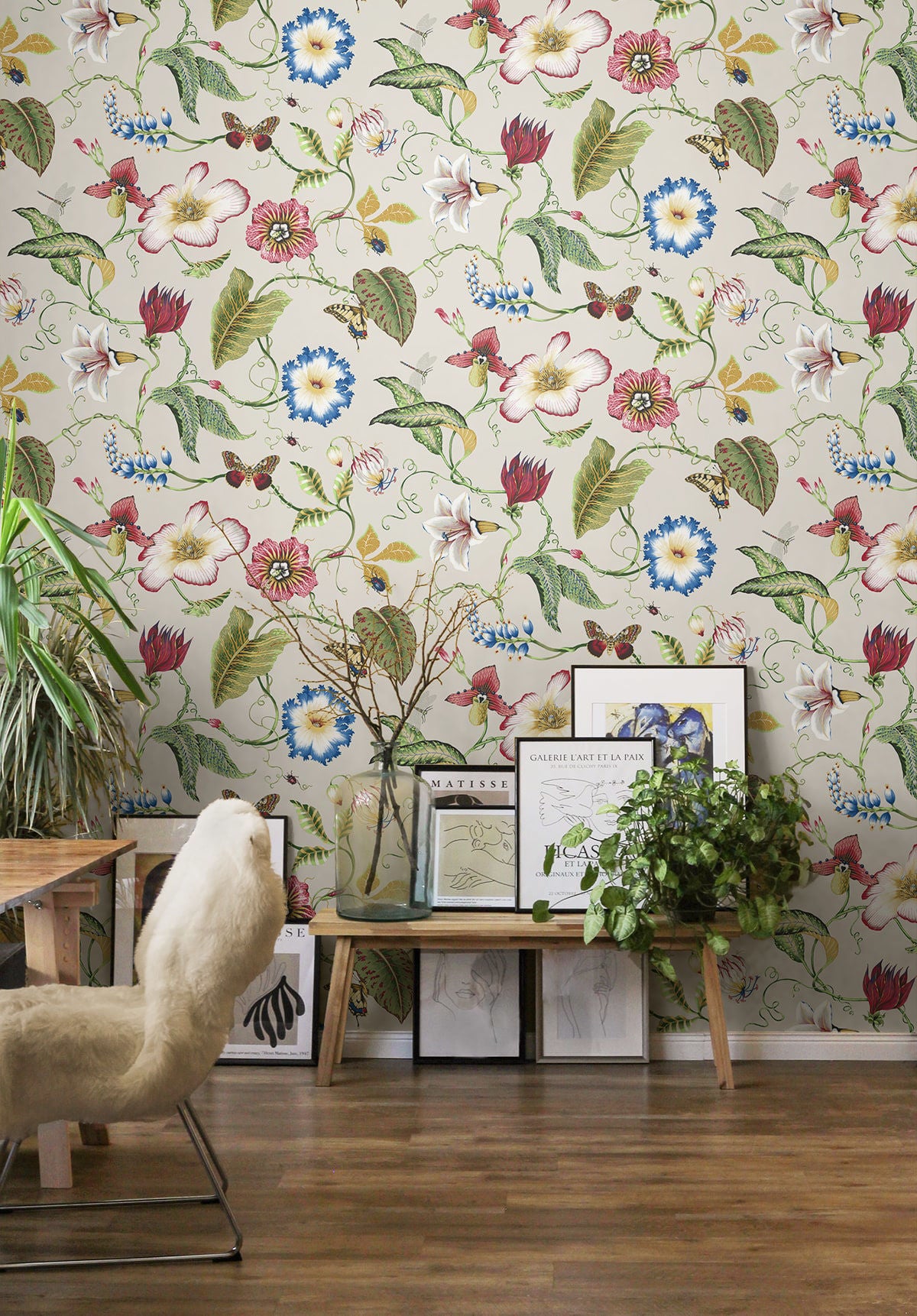 Summer Garden Floral Peel and Stick Wallpaper featuring a vibrant botanical pattern with raspberry and chartreuse tones. Lush floral and tropical-inspired design printed on removable peel and stick material, ideal for easy installation on accent walls, bedrooms, nurseries, living rooms, and DIY home décor projects.