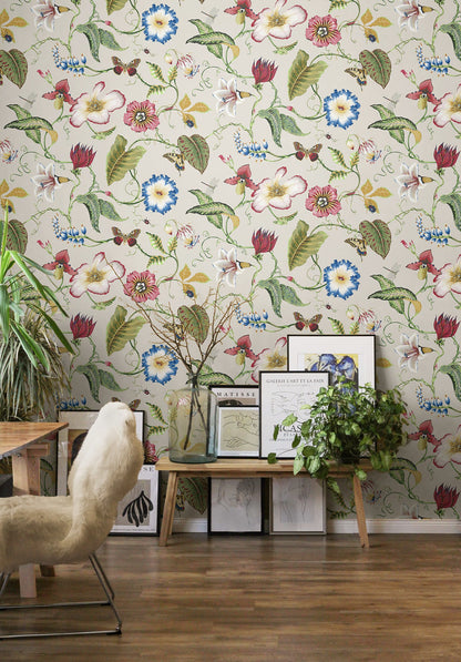Summer Garden Floral Peel and Stick Wallpaper featuring a vibrant botanical pattern with raspberry and chartreuse tones. Lush floral and tropical-inspired design printed on removable peel and stick material, ideal for easy installation on accent walls, bedrooms, nurseries, living rooms, and DIY home décor projects.