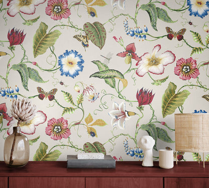 Summer Garden Floral Peel and Stick Wallpaper featuring a vibrant botanical pattern with raspberry and chartreuse tones. Lush floral and tropical-inspired design printed on removable peel and stick material, ideal for easy installation on accent walls, bedrooms, nurseries, living rooms, and DIY home décor projects.