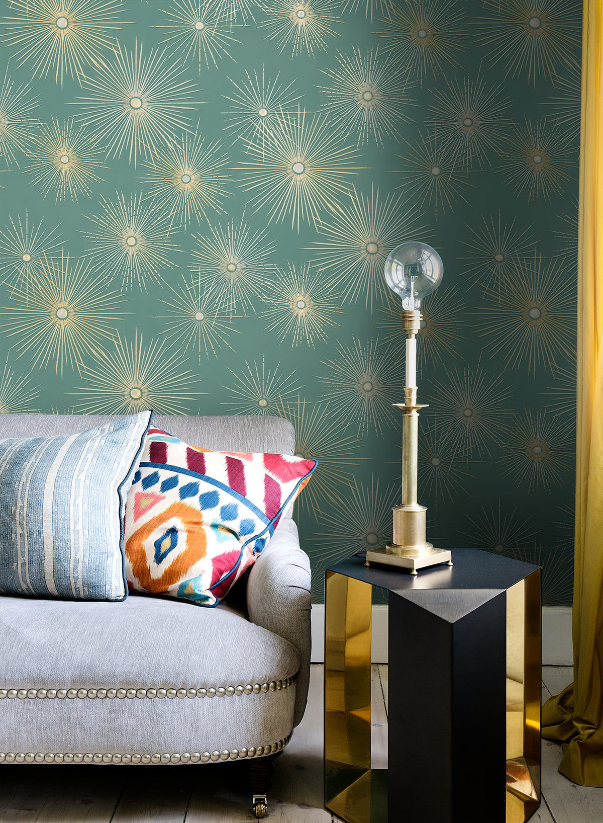 Modern teal and metallic gold geometric peel and stick wallpaper with starburst pattern, removable accent wall covering for living room, bedroom, or office, stylish contemporary home decor solution for rentals and DIY interior design.