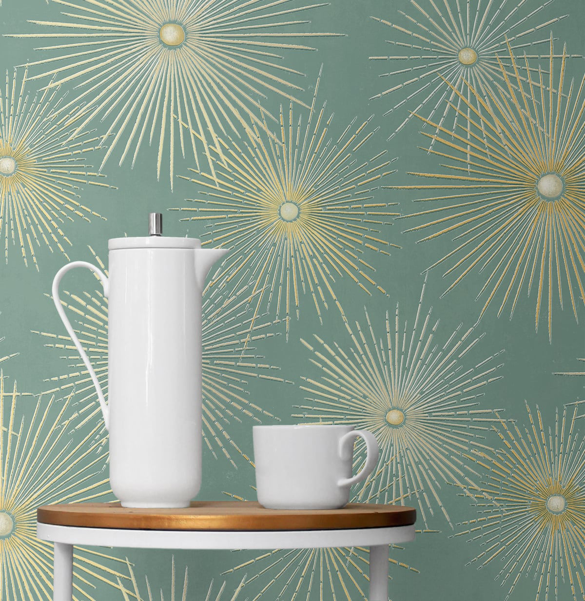 Modern teal and metallic gold geometric peel and stick wallpaper with starburst pattern, removable accent wall covering for living room, bedroom, or office, stylish contemporary home decor solution for rentals and DIY interior design.