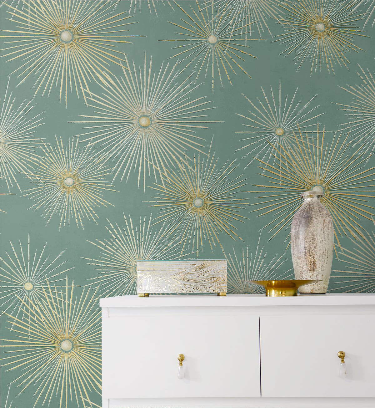 Modern teal and metallic gold geometric peel and stick wallpaper with starburst pattern, removable accent wall covering for living room, bedroom, or office, stylish contemporary home decor solution for rentals and DIY interior design.