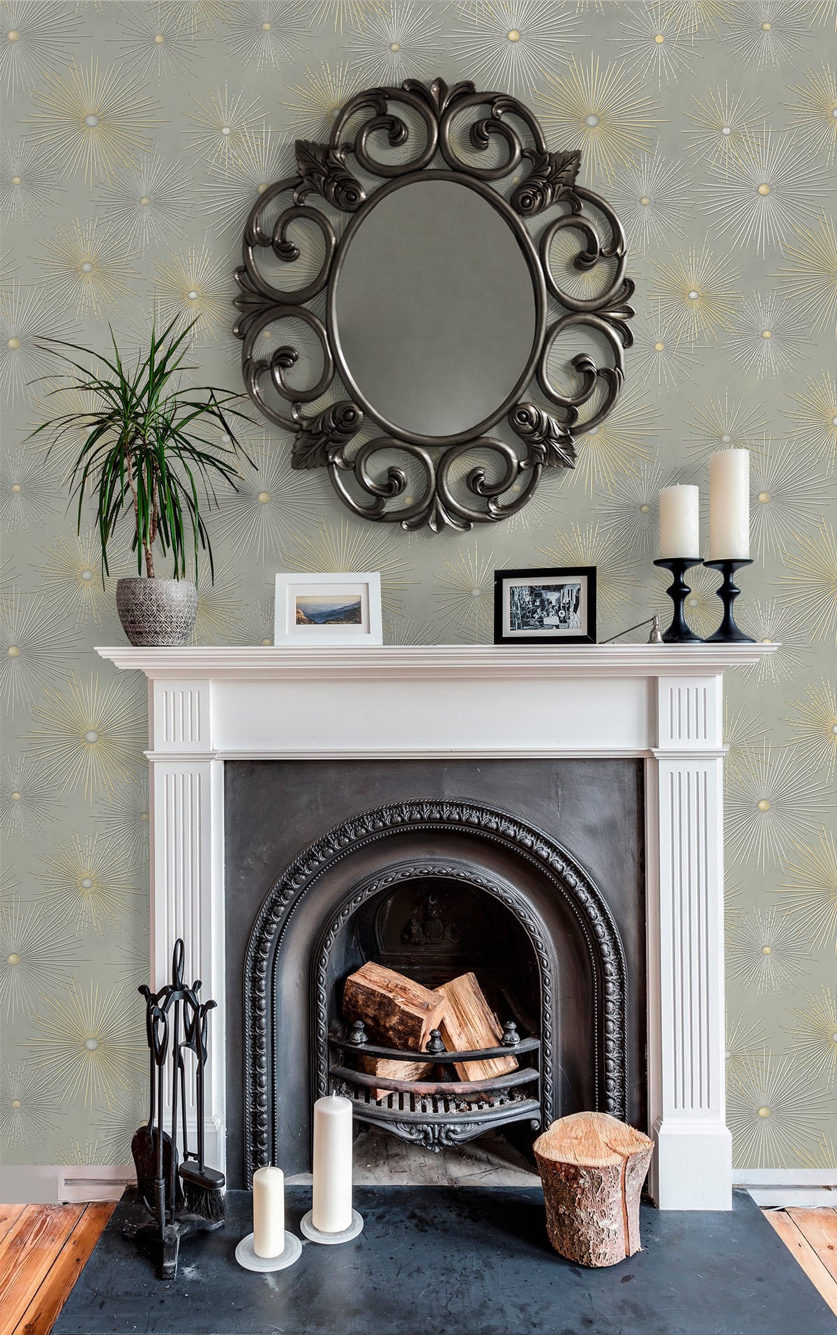 Modern Starburst Geo peel and stick wallpaper in silver smoke gray and metallic gold featuring a bold geometric starburst pattern. Removable wallpaper perfect for glam interiors, art deco décor, contemporary living rooms, bedrooms, offices, and luxury accent walls.