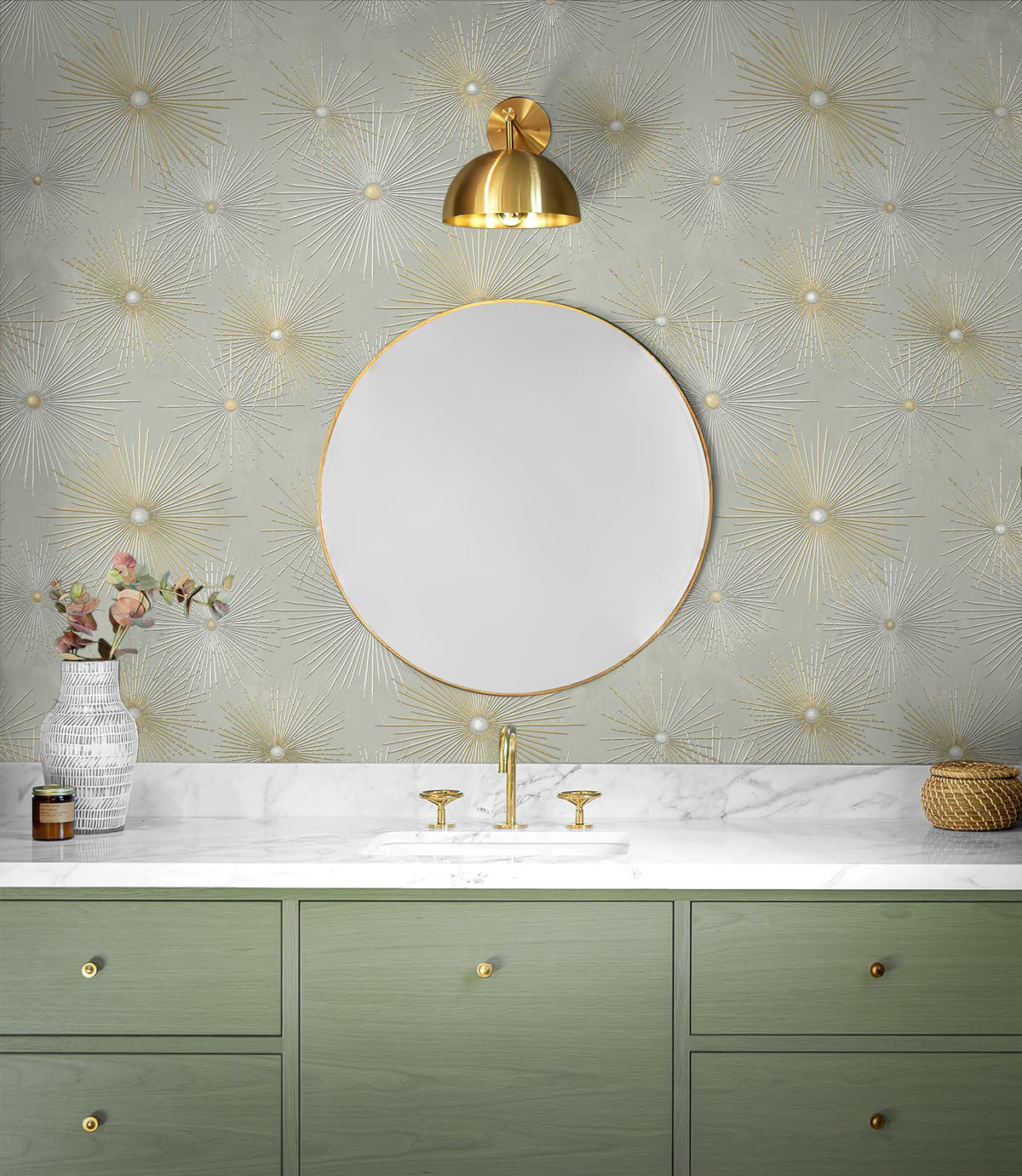 Modern Starburst Geo peel and stick wallpaper in silver smoke gray and metallic gold featuring a bold geometric starburst pattern. Removable wallpaper perfect for glam interiors, art deco décor, contemporary living rooms, bedrooms, offices, and luxury accent walls.