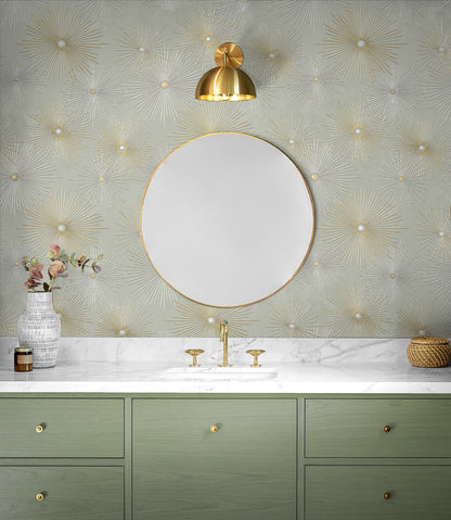 Modern Starburst Geo peel and stick wallpaper in silver smoke gray and metallic gold featuring a bold geometric starburst pattern. Removable wallpaper perfect for glam interiors, art deco décor, contemporary living rooms, bedrooms, offices, and luxury accent walls.