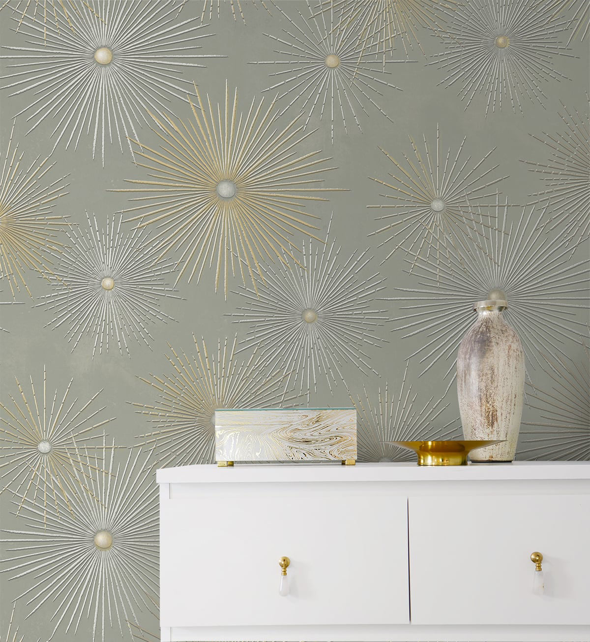 Modern Starburst Geo peel and stick wallpaper in silver smoke gray and metallic gold featuring a bold geometric starburst pattern. Removable wallpaper perfect for glam interiors, art deco décor, contemporary living rooms, bedrooms, offices, and luxury accent walls.
