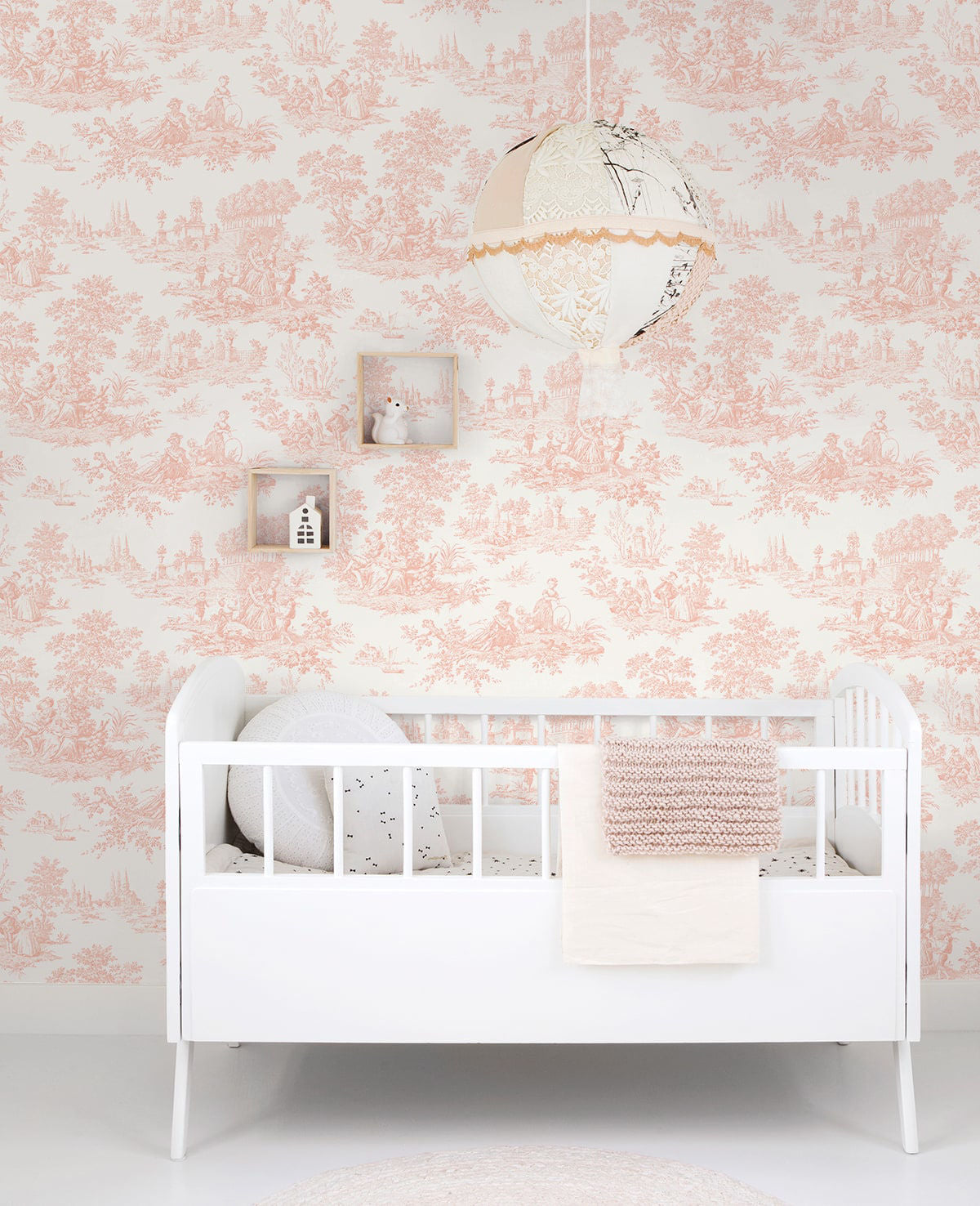 Elegant Chateau Toile blush pink peel and stick wallpaper featuring a vintage French toile pattern with romantic pastoral illustrations. Removable wallpaper ideal for French country décor, cottagecore interiors, grandmillennial style homes, bedrooms, nurseries, powder rooms, and accent walls.