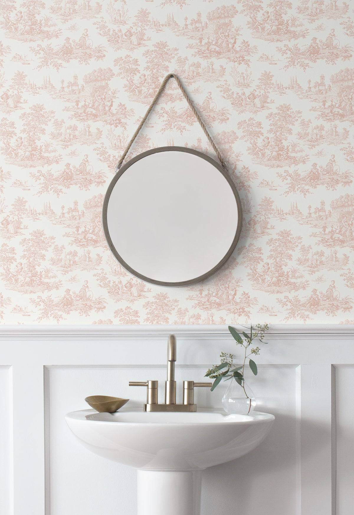 Elegant Chateau Toile blush pink peel and stick wallpaper featuring a vintage French toile pattern with romantic pastoral illustrations. Removable wallpaper ideal for French country décor, cottagecore interiors, grandmillennial style homes, bedrooms, nurseries, powder rooms, and accent walls.