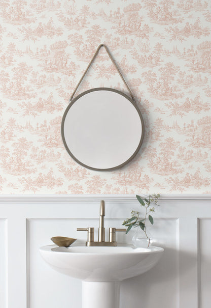 Elegant Chateau Toile blush pink peel and stick wallpaper featuring a vintage French toile pattern with romantic pastoral illustrations. Removable wallpaper ideal for French country décor, cottagecore interiors, grandmillennial style homes, bedrooms, nurseries, powder rooms, and accent walls.