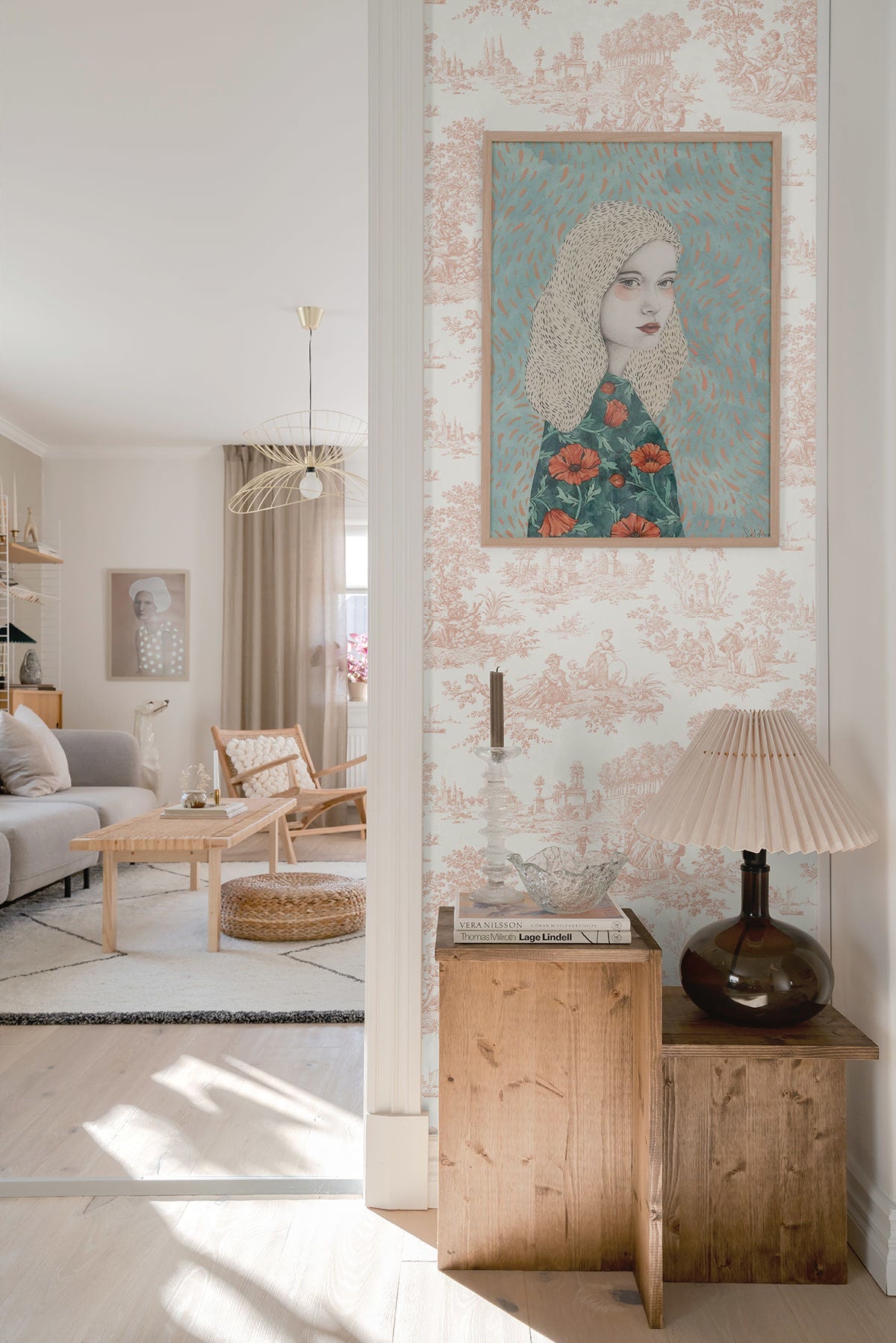 Elegant Chateau Toile blush pink peel and stick wallpaper featuring a vintage French toile pattern with romantic pastoral illustrations. Removable wallpaper ideal for French country décor, cottagecore interiors, grandmillennial style homes, bedrooms, nurseries, powder rooms, and accent walls.