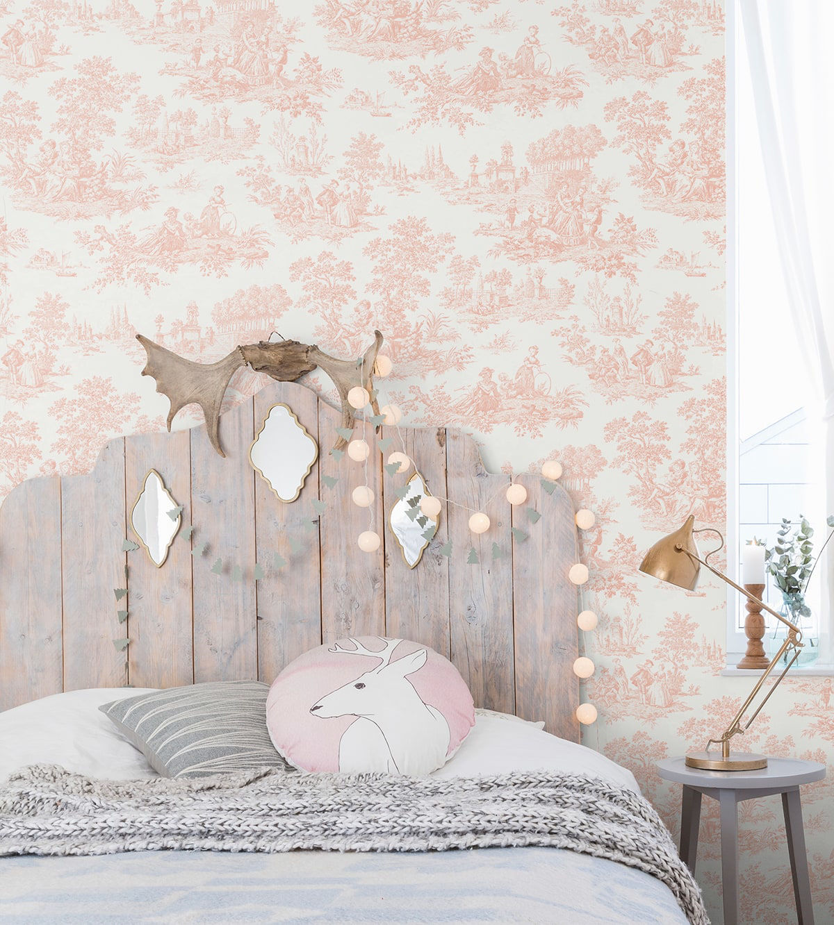 Elegant Chateau Toile blush pink peel and stick wallpaper featuring a vintage French toile pattern with romantic pastoral illustrations. Removable wallpaper ideal for French country décor, cottagecore interiors, grandmillennial style homes, bedrooms, nurseries, powder rooms, and accent walls.