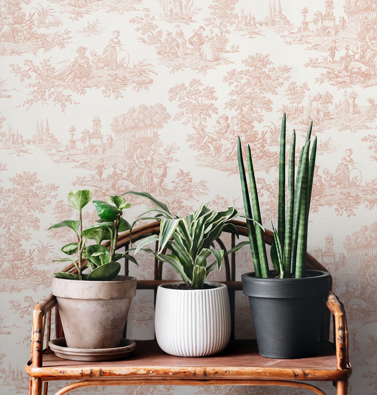 Elegant Chateau Toile blush pink peel and stick wallpaper featuring a vintage French toile pattern with romantic pastoral illustrations. Removable wallpaper ideal for French country décor, cottagecore interiors, grandmillennial style homes, bedrooms, nurseries, powder rooms, and accent walls.
