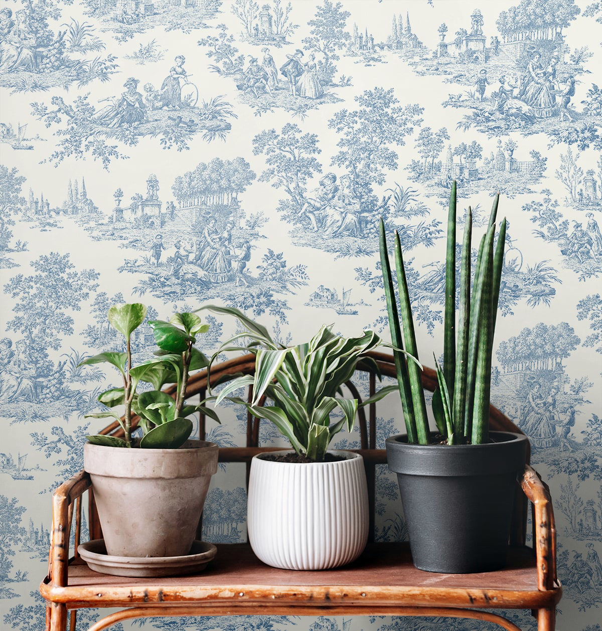 Blue Bell Chateau Toile peel and stick wallpaper with detailed scenic toile pattern in soft blue tones, removable renter friendly wallpaper for vintage accent walls, French country style wall decor for bedrooms and living rooms, NextWall NW43302