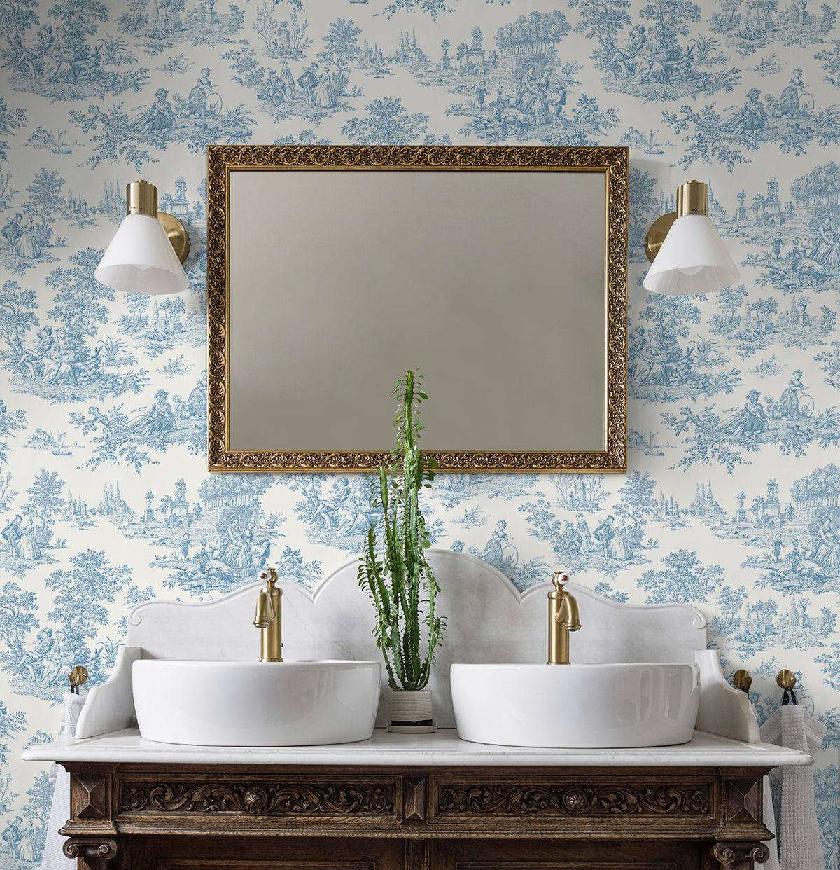 Blue Bell Chateau Toile peel and stick wallpaper with detailed scenic toile pattern in soft blue tones, removable renter friendly wallpaper for vintage accent walls, French country style wall decor for bedrooms and living rooms, NextWall NW43302