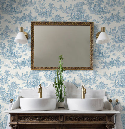 Blue Bell Chateau Toile peel and stick wallpaper with detailed scenic toile pattern in soft blue tones, removable renter friendly wallpaper for vintage accent walls, French country style wall decor for bedrooms and living rooms, NextWall NW43302