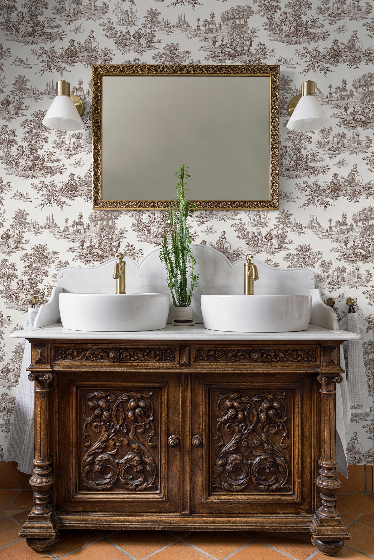 Chateau Toile Peel and Stick Wallpaper in Sable Brown featuring classic French toile scenic patterns in warm brown and taupe tones. Removable vintage-inspired wallpaper ideal for accent walls, dining rooms, bedrooms, powder rooms, entryways, apartments, French country homes, cottagecore interiors, traditional décor, and grandmillennial style spaces. Washable peel and stick wallcovering perfect for elegant DIY home decorating and timeless interior design.