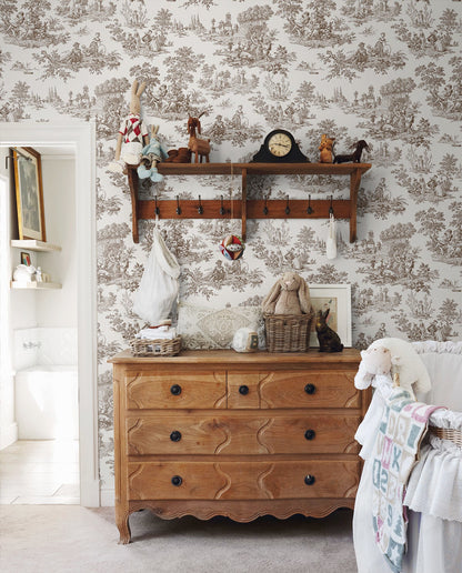 Chateau Toile Peel and Stick Wallpaper in Sable Brown featuring classic French toile scenic patterns in warm brown and taupe tones. Removable vintage-inspired wallpaper ideal for accent walls, dining rooms, bedrooms, powder rooms, entryways, apartments, French country homes, cottagecore interiors, traditional décor, and grandmillennial style spaces. Washable peel and stick wallcovering perfect for elegant DIY home decorating and timeless interior design.