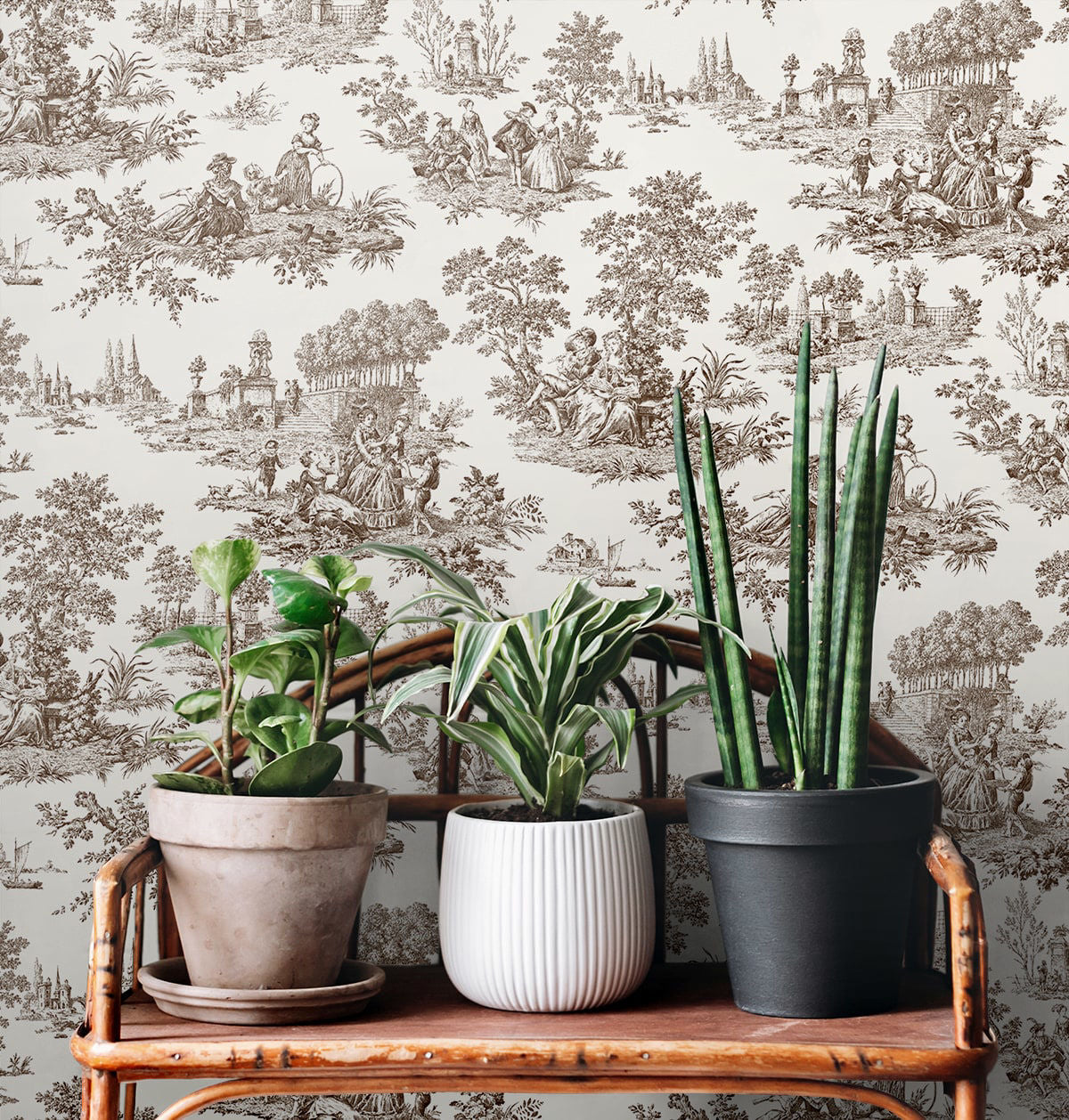 Chateau Toile Peel and Stick Wallpaper in Sable Brown featuring classic French toile scenic patterns in warm brown and taupe tones. Removable vintage-inspired wallpaper ideal for accent walls, dining rooms, bedrooms, powder rooms, entryways, apartments, French country homes, cottagecore interiors, traditional décor, and grandmillennial style spaces. Washable peel and stick wallcovering perfect for elegant DIY home decorating and timeless interior design.