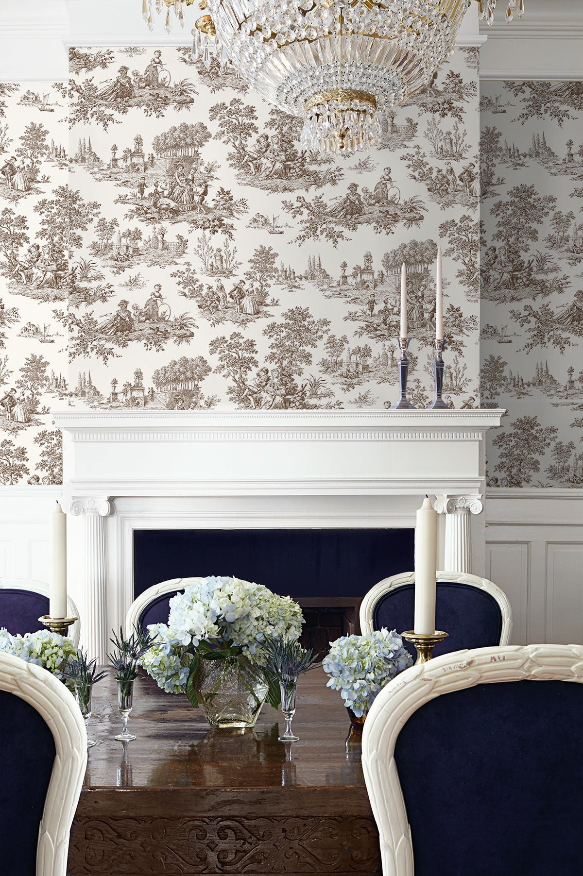 Chateau Toile Peel and Stick Wallpaper in Sable Brown featuring classic French toile scenic patterns in warm brown and taupe tones. Removable vintage-inspired wallpaper ideal for accent walls, dining rooms, bedrooms, powder rooms, entryways, apartments, French country homes, cottagecore interiors, traditional décor, and grandmillennial style spaces. Washable peel and stick wallcovering perfect for elegant DIY home decorating and timeless interior design.
