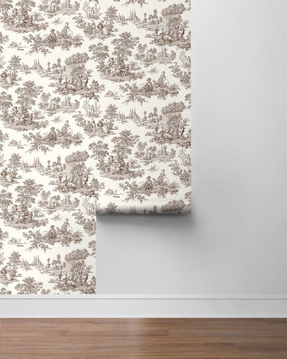Chateau Toile Peel and Stick Wallpaper in Sable Brown featuring classic French toile scenic patterns in warm brown and taupe tones. Removable vintage-inspired wallpaper ideal for accent walls, dining rooms, bedrooms, powder rooms, entryways, apartments, French country homes, cottagecore interiors, traditional décor, and grandmillennial style spaces. Washable peel and stick wallcovering perfect for elegant DIY home decorating and timeless interior design.