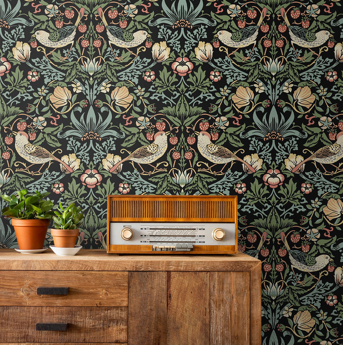 Black floral peel and stick wallpaper with bird and botanical pattern, Aves Garden Ebony design, removable wallpaper for renters, dark botanical wall decor for modern interiors, elegant accent wall idea for bedroom or living room, washable and easy to install wallpaper